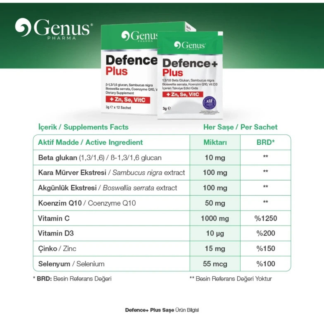 Defence+ Plus Beta Glukan, Kara Mürver, Akgünlük, Koenzim Q10 ve Vitamin D3 İçeren Takviye Edici Gıda