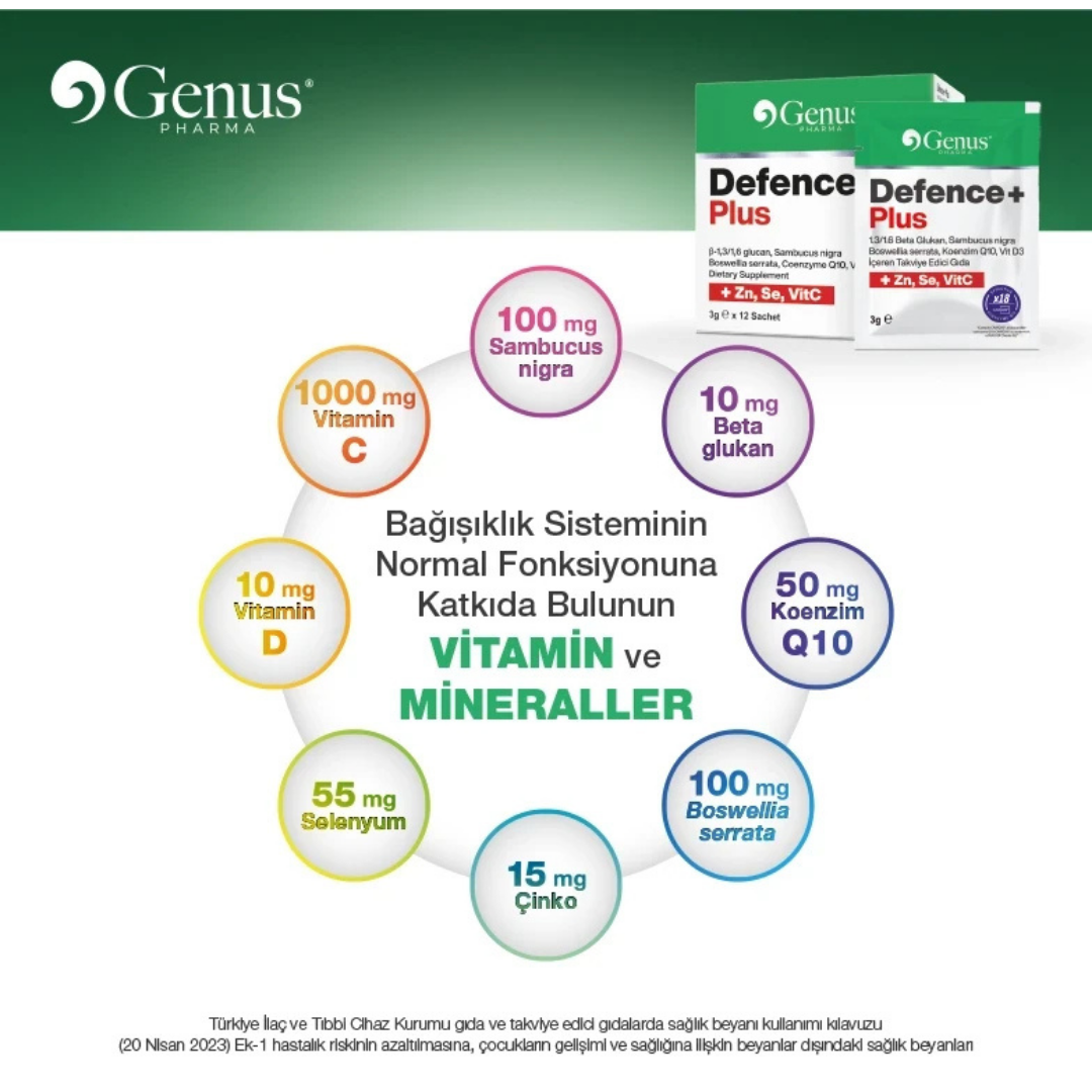 Defence+ Plus Beta Glukan, Kara Mürver, Akgünlük, Koenzim Q10 ve Vitamin D3 İçeren Takviye Edici Gıda