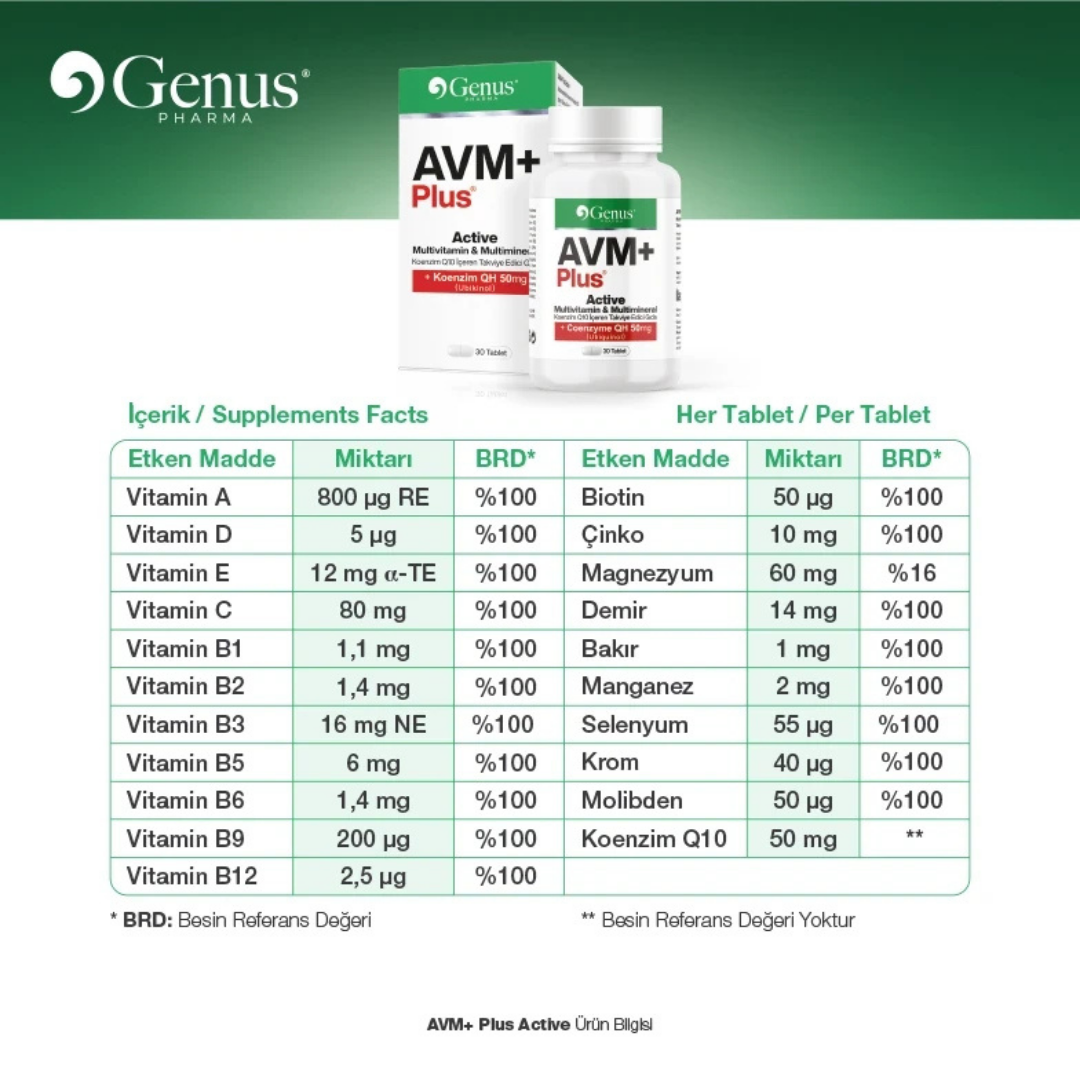 AVM+ Plus® Multivitamin Multimineral ve Koenzim Q10 İçeren Takviye Edici Gıda