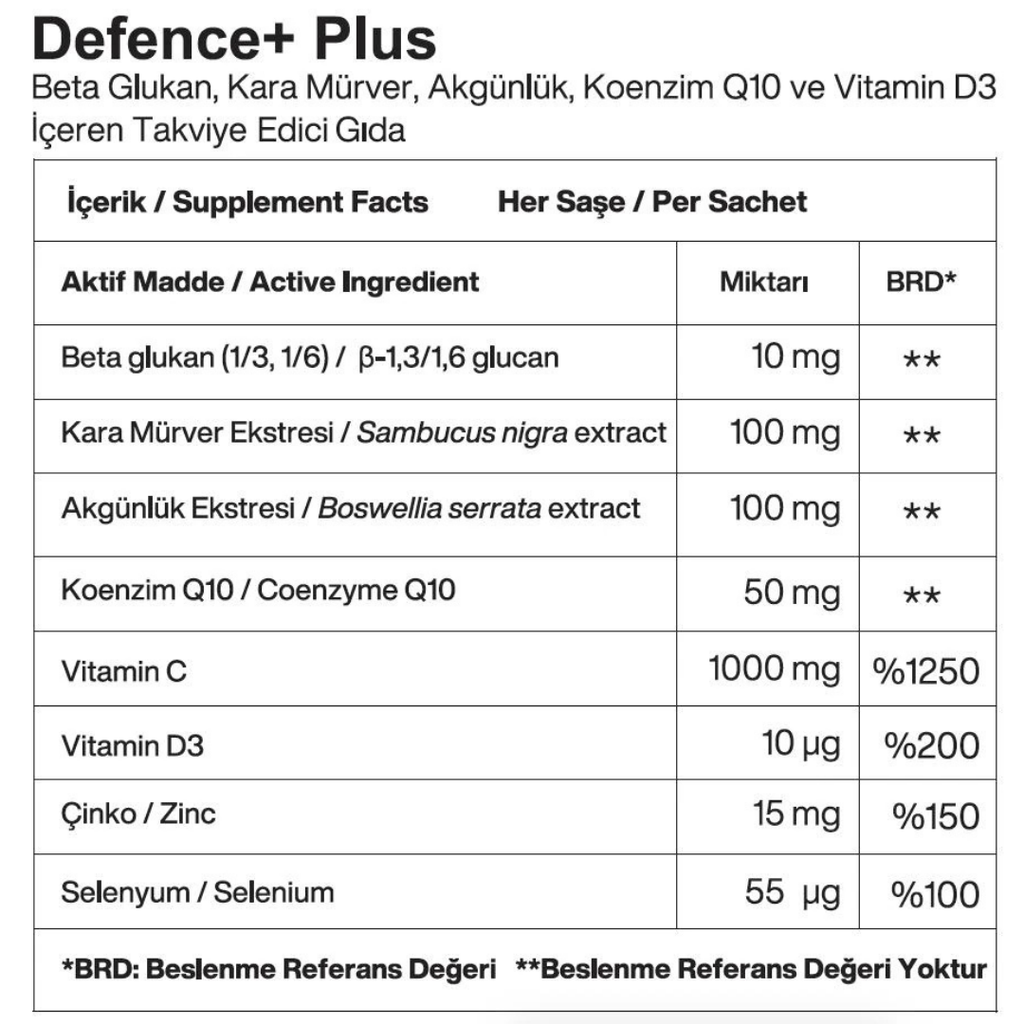 Defence+ Plus Beta Glukan, Kara Mürver, Akgünlük, Koenzim Q10 ve Vitamin D3 İçeren Takviye Edici Gıda